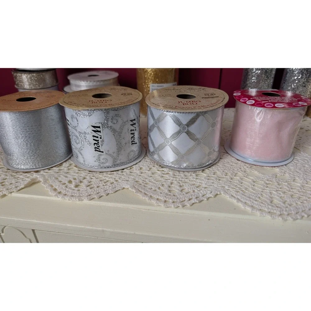 Huge Lot Ribbon 24 Rolls New And Used Glitter, Grosgrain, Wired, Plaid, Navy
